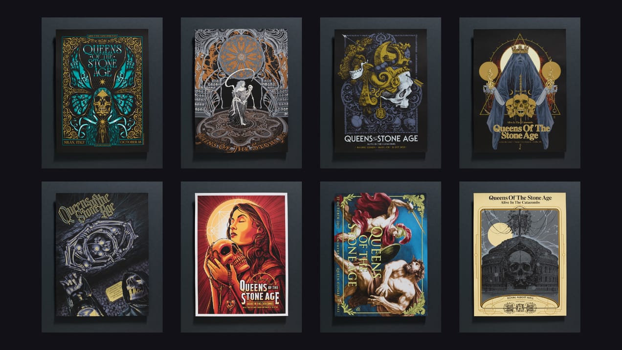 8 silkscreen poster editions for Queens Of The Stone Age printrd by White Duck Edition